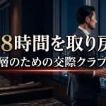 煌びやかな夜景を望む高層ラウンジに佇むスーツ姿の日本人エグゼクティブ男性の画像。中央には「月18時間を取り戻せ」「富裕層のための交際クラブ戦略」と記載されている。